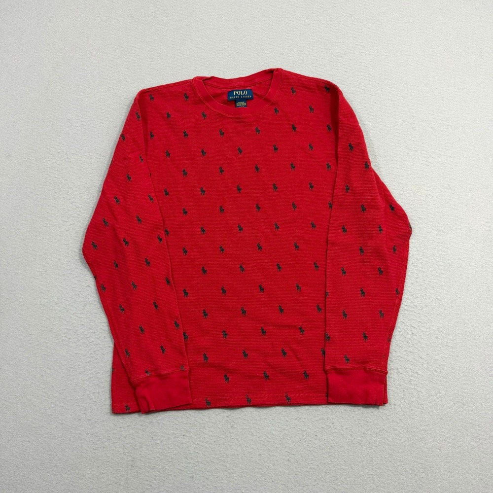 Polo Ralph Lauren Thermal Shirt Mens Large Red All Over Pony Print Waffle Knit